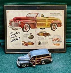 Vintage 1948 Woody Ford Advertisement & Model Car