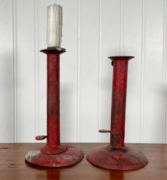 Two  Antique Painted Hog Scraper Candlesticks (CTF10)