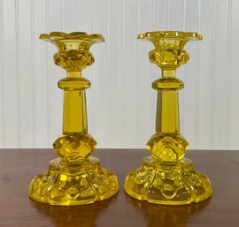 Pr Yellow Vaseline Glass Candlesticks (CTF10)