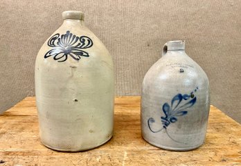Two Antique Blue Decorated Stoneware Crocks (CTF20)