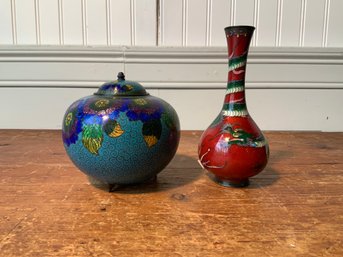 Vintage Cloisonne Lidded Jar And Enameled Bud Vase (CTF10)