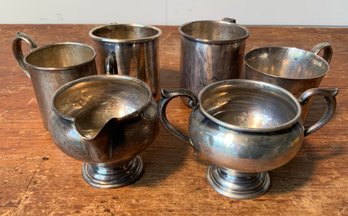 Sterling Silver Creamer, Sugar, And Four Handled Mugs (CTF10)