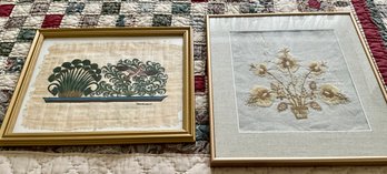 Framed Needlework And Painted Fabric