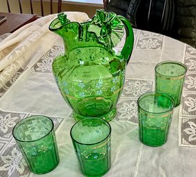 Vintage Hand Painted Pitcher And Glasses