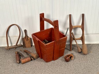Antique Wooden Instruments In Red Wood Pail (CTF10)