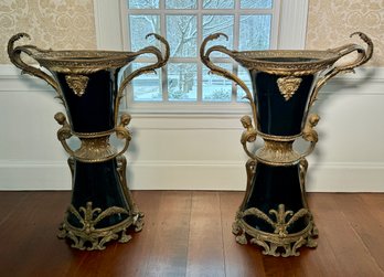 Palatial Size Porcelain And Brass Floor Urns (CTF80)