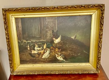 Antique Oil On Board Of Chickens