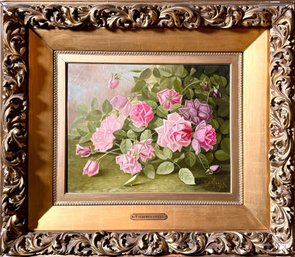 19th C. T. Sedgwick Steele, Pink Roses Still Life Oil Painting (cTF20)