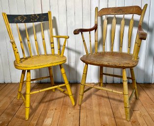 *PHOTOS UPDATED* - Two 19th C. Yellow Painted Windsor Armchairs (CTF10)