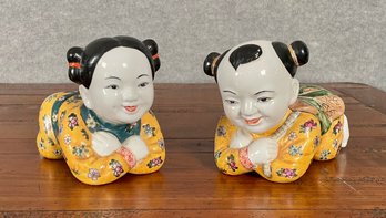 Two Vintage Chinese Ceramic Child Form Pillows (CTF10)