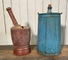 19th C. Blue Painted Bucket And Red Mortar/pestle (CTF10)