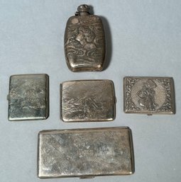 Vintage Silver Cigarette Cases And Flask, 5pcs., 20 Oz T. (CTF10)