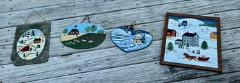 Three Painted Slate Hangings And Folk Art Style Painting