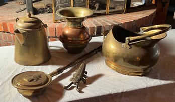 Brass Lot Bed Warmer, Brass Coal Hod, Spittoon