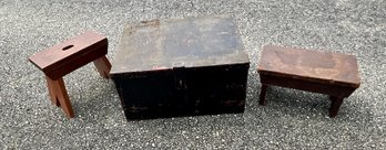 Two Footstools And Metal Box