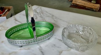 Green Serving Dish & Frosted Glass Bowl