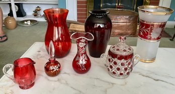 Red Glass, Vase & Covered Jar, 7pcs.