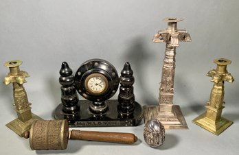 Vintage Buddhist Prayer Wheel, Three Asian Candlesticks, And Clock, 6pcs (CTF10)