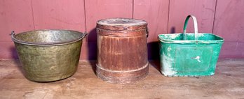 Antique Firkin, Brass Pail, And Hide Bucket (CTF20)