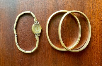 Two Antique 14k Bangles, And 14k Ladies Watch (CTF10)