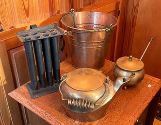 Reproduction Candle Mold, Copper Handled Bucket, Brass Kettle, Brass Ash Pot