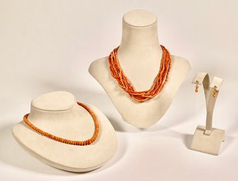 Two Coral Necklaces & Earrings (CTF10)
