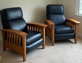 Pr. Ethan Allen Maple & Leather Reclining Morris Style Chairs (CTF40)