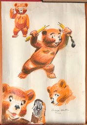 Rudolph Wendelin Original Pastel Drawing, Bear Cubs (CTF10)