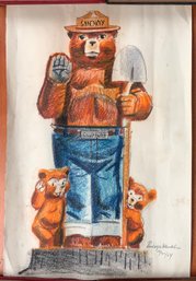 Rudolph Wendelin Original Pastel Drawing, Smokey Bear And Cubs (CTF10)