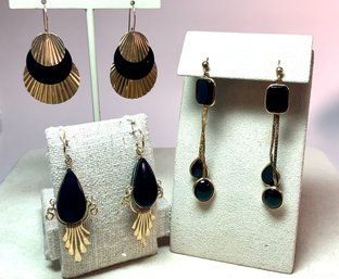 Three Pairs Of 14k Gold And Onyx Earrings (CTF10)