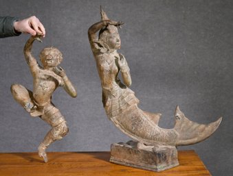 Antique Asian Bronze Sculpture, Mermaid With Monkey (CTF20)