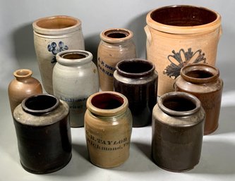Ten Antique Stoneware And Redware Crocks (CTF10)