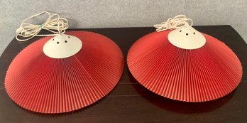 Two Mid-Century Red Pleated Pendant Light Fixtures (CTF20)