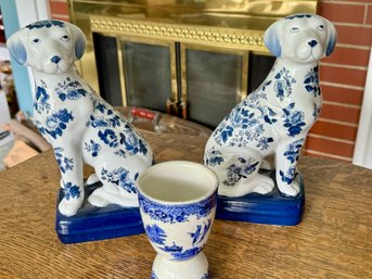 Pr. Blue And White Porcelain Dogs, Asian Egg Cup