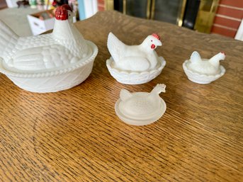 Three Milk Glass Graduated Hen On Nest