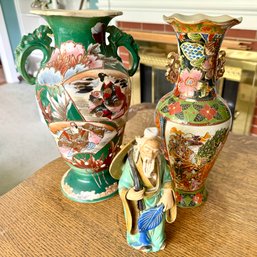 Two Asian Vases & Asian Figurine