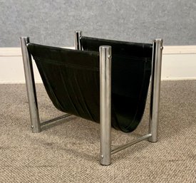 Vintage Mid-Century Style Chrome And Black Vinyl Magazine Rack (CTF10)