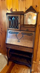 Vintage Oak Secretary With Leaded Glass Door (CTF50)