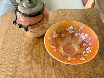 Vintage Carnival Glass Bowl And A Biscuit Jar