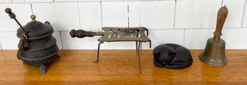 Antique Trivet, Brass Bell, Cape Cod Lantern, And Carved Cat (CTF10)