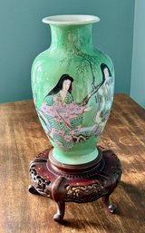 Asian Design Vase On Stand