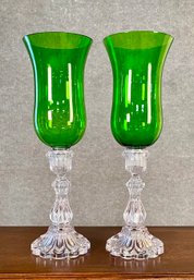 Pr. Vintage Glass Candlestick With Green Glass Shades (CTF20)