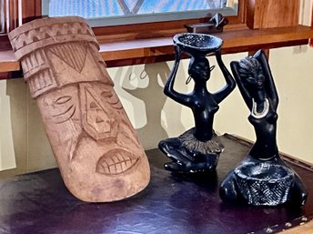 Ecuador Carved Mask And Two African Plaster Figures