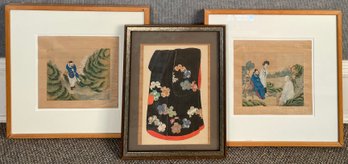 Three Vintage Asian Gouache Paintings On Silk (CTF20)