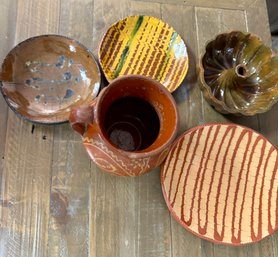 Redware Plates, Bowl, Jug, Mold