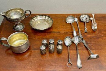 Sterling Silver Dish, Cup, Spoons, Tongs