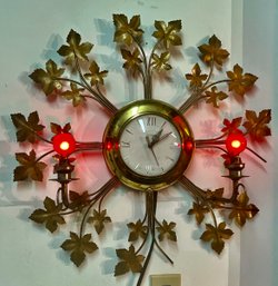 Vintage United Metal Floral Design Clock With Two Lamps