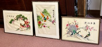 Three Vintage Asian Embroidery On Silk