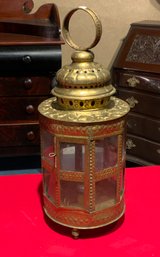 Antique Embossed Brass And Glass Lantern (CTF10)