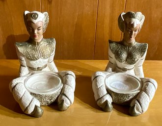 Man And Woman Chalkware Figures Holding Trinket Trays
